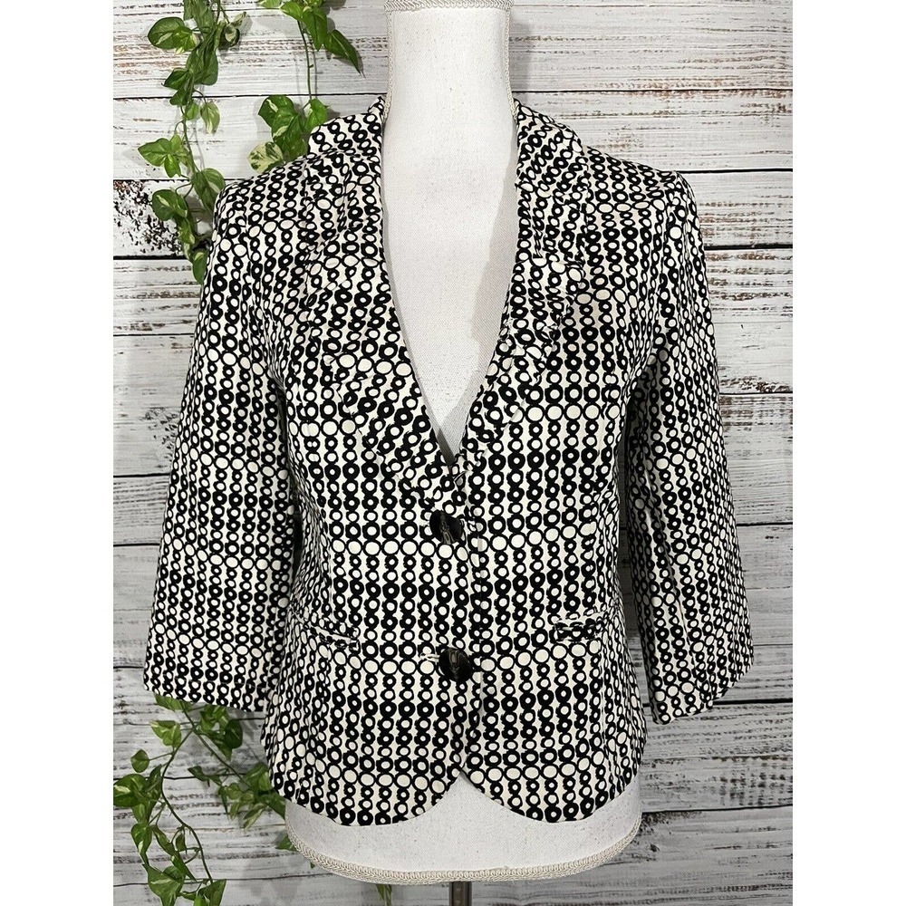 Cabi Blazer Jacket size 4 Black Ivory Circles Stretch Career Casual Collar Boho